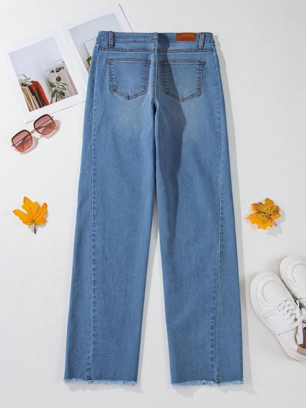 High-Waisted Wide Leg Jeans for Women | Stretchy Raw Hem Denim Pants - Picture 8 of 9